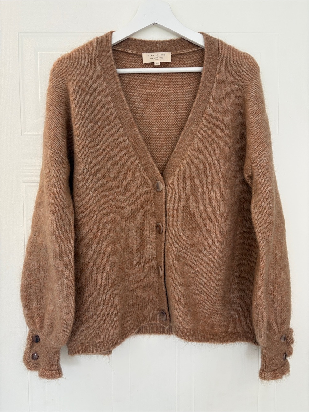 V-Neck Tan Button-Front Fuzzy Cardigan Sweater